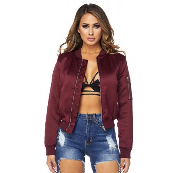 Burgundy Quilted Satin Zip Front Bomber Jacket - Picture 4 of 8